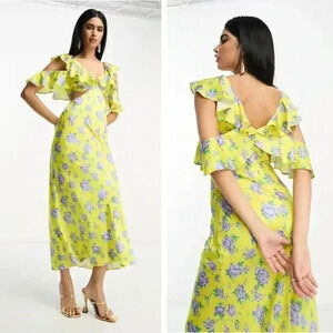 NEW ASOS DESIGN Satin Midi Dress Multi Flutter Sleeves Yellow Floral Bohemian